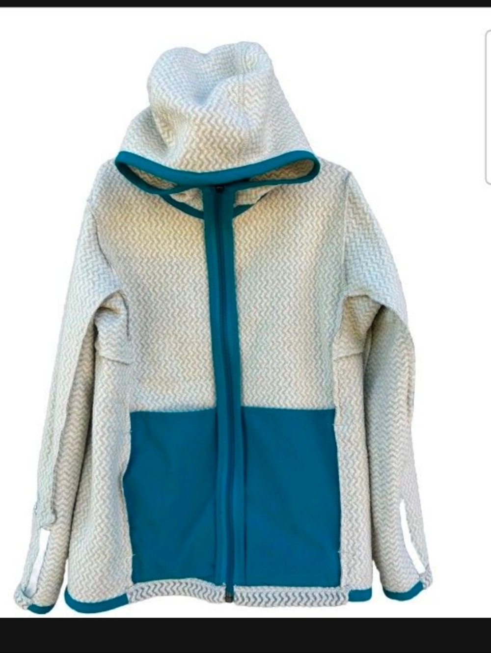 Patagonia Kids Hooded Puffer Jacket in White with Teal Accents Medium - Picture 3 of 6